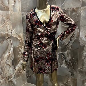 Zara Metallic Sequin Dress with Red Floral Design